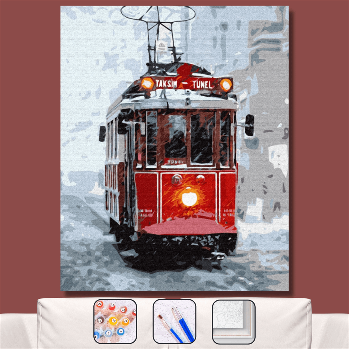 Karlı Sokakta Kırmızı Tramvay Sayılarla Boyama Seti